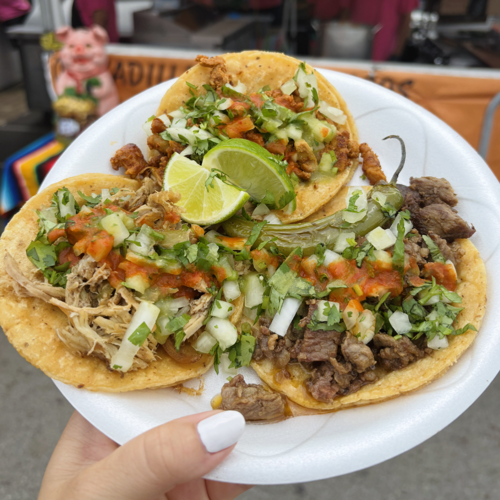 hand holding a plate of tacos at tacoville naperville